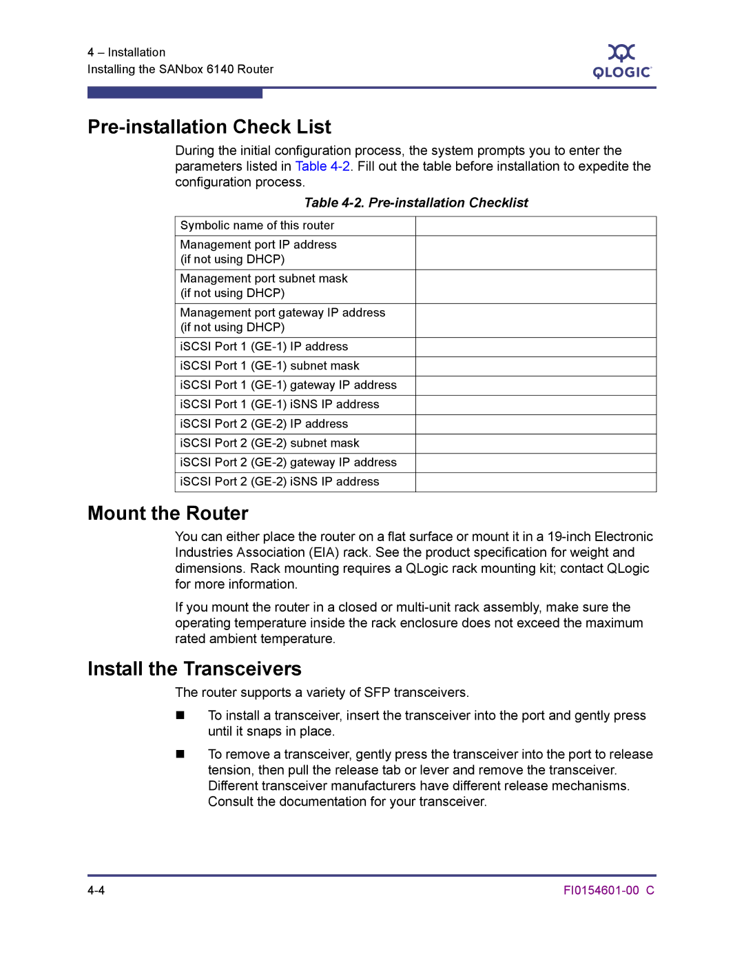 Q-Logic 6140 manual Pre-installation Check List, Mount the Router, Install the Transceivers, Pre-installation Checklist 