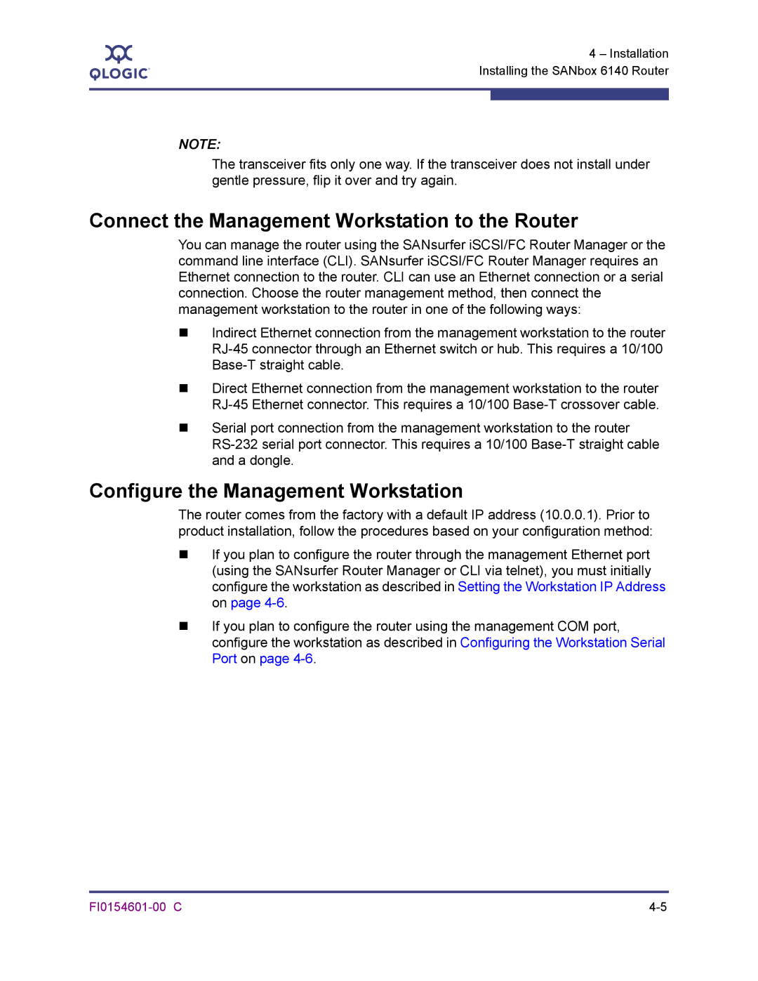 Q-Logic 6140 manual Connect the Management Workstation to the Router, Configure the Management Workstation 