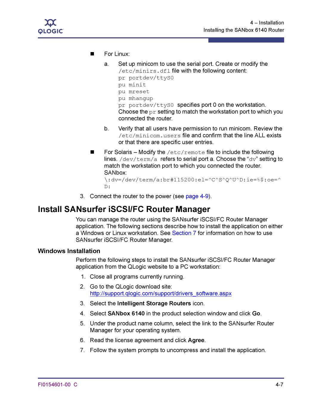 Q-Logic 6140 manual Install SANsurfer iSCSI/FC Router Manager, Windows Installation, Connect the router to the power see 