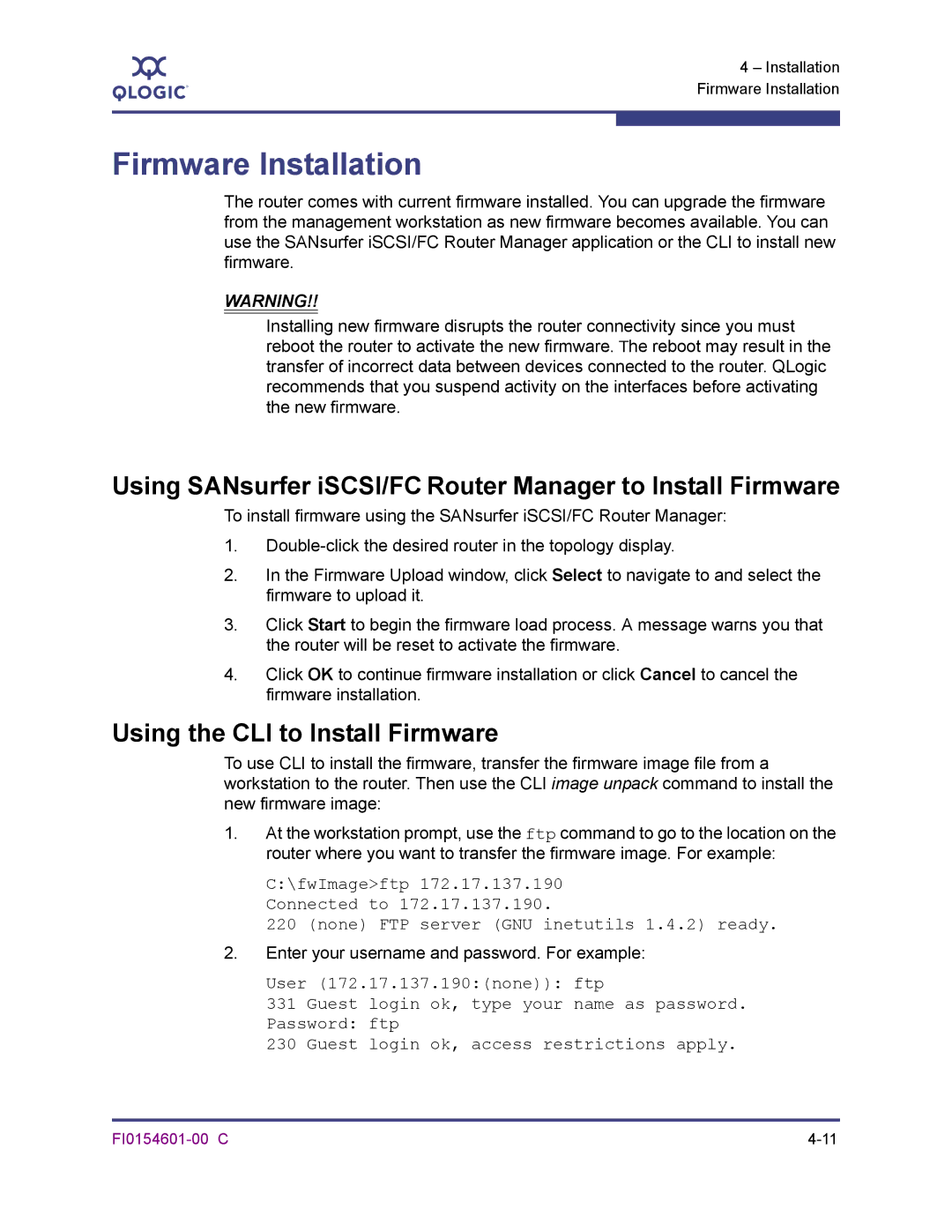 Q-Logic 6140 manual Firmware Installation, Using SANsurfer iSCSI/FC Router Manager to Install Firmware 