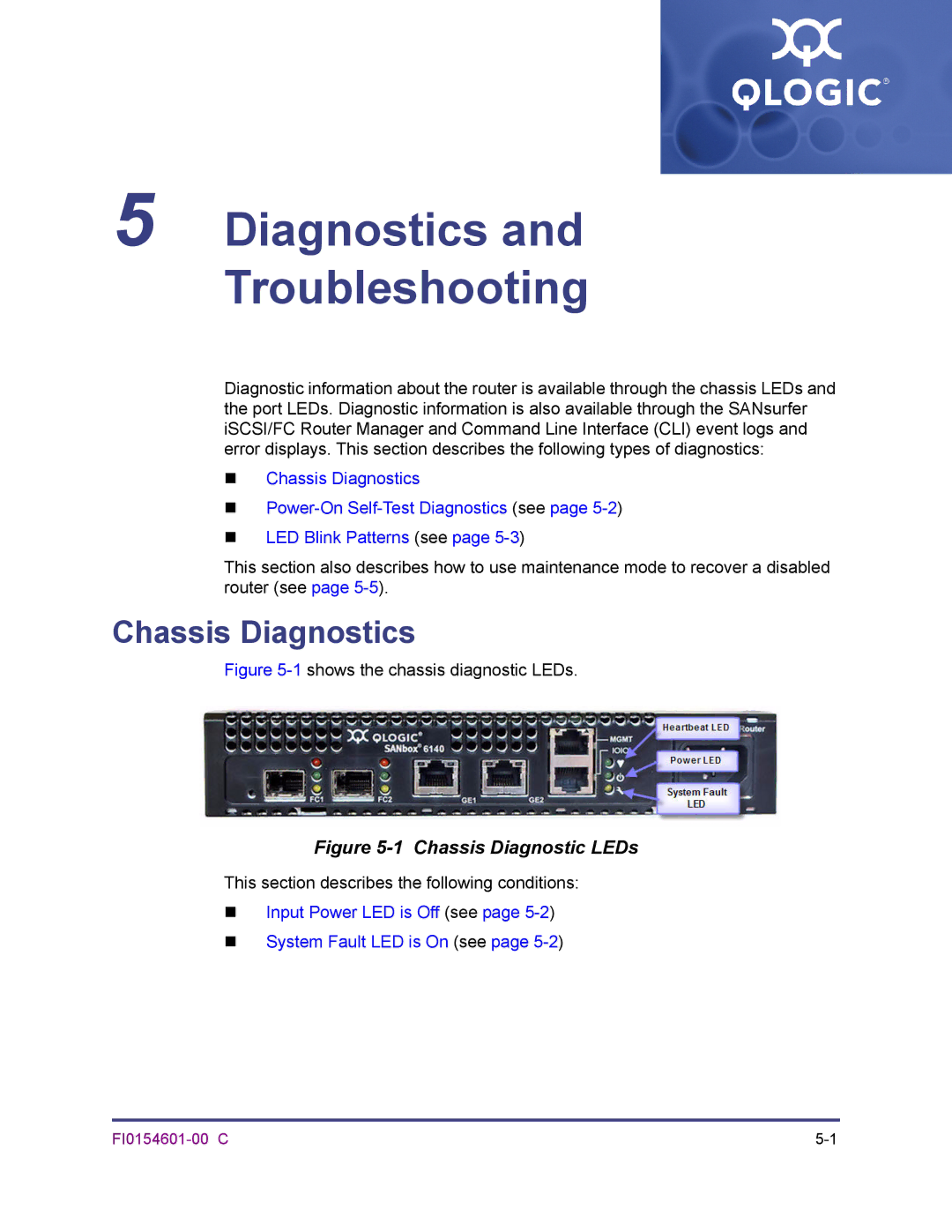 Q-Logic 6140 manual Chassis Diagnostics, This section describes the following conditions 