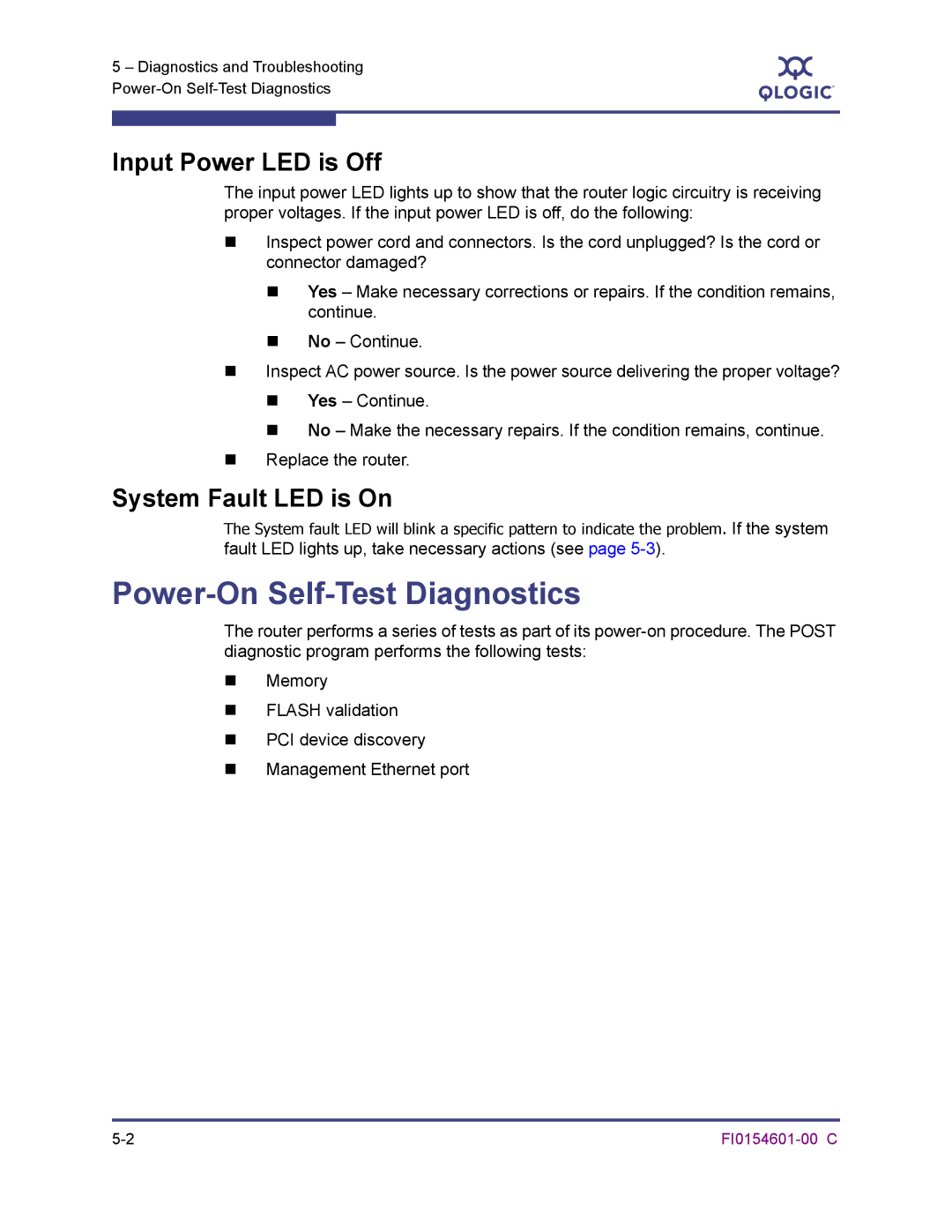 Q-Logic 6140 manual Power-On Self-Test Diagnostics, Input Power LED is Off, System Fault LED is On 