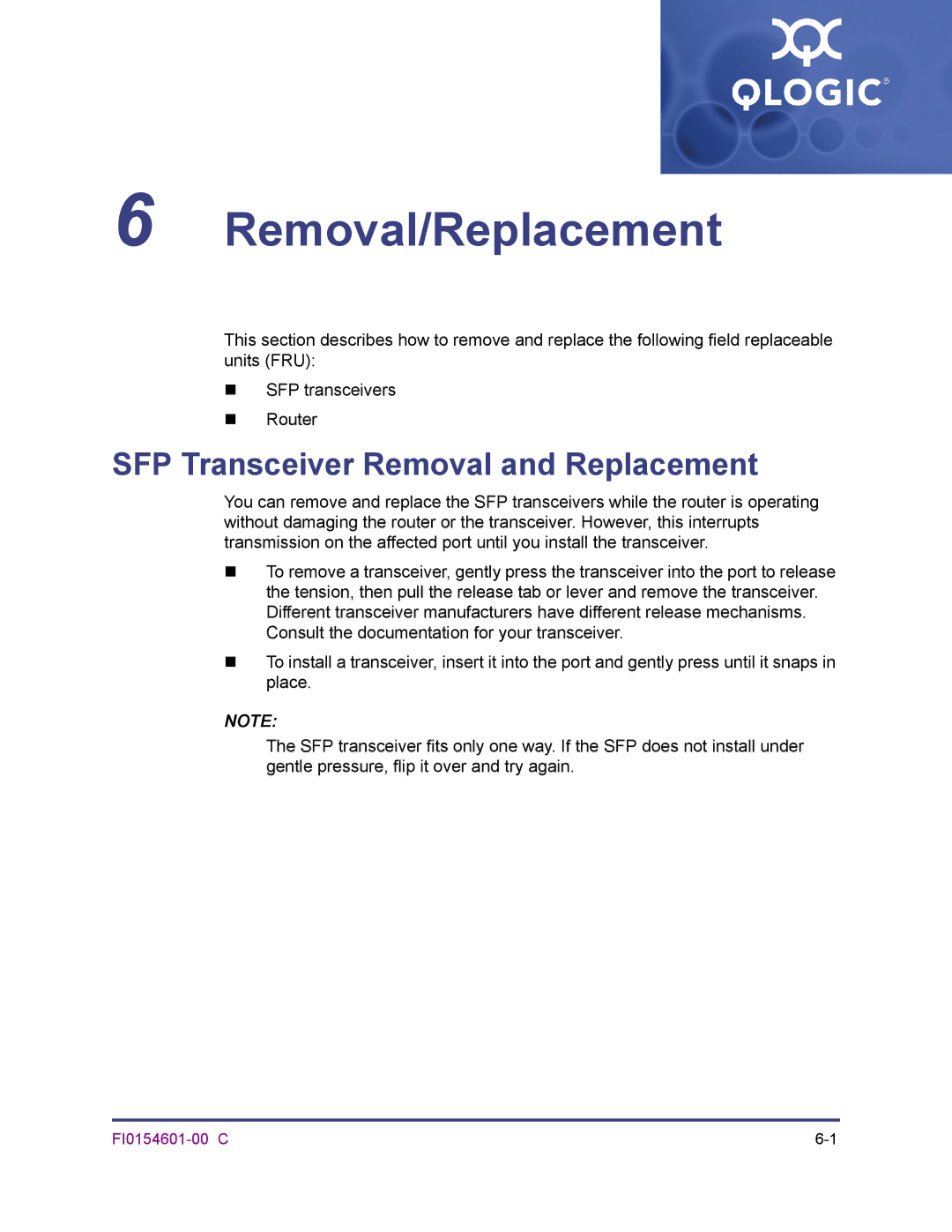 Q-Logic 6140 manual Removal/Replacement, SFP Transceiver Removal and Replacement 