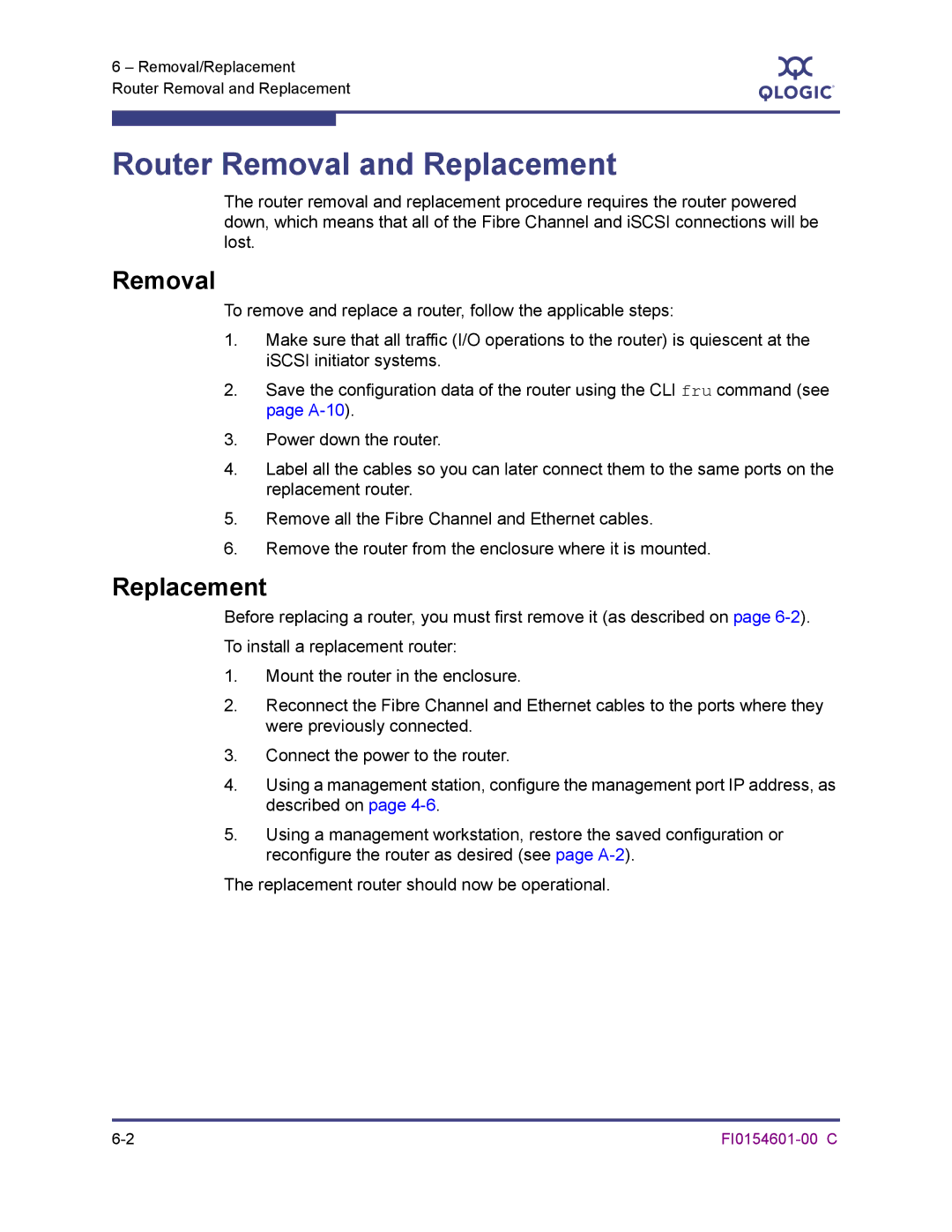 Q-Logic 6140 manual Router Removal and Replacement 