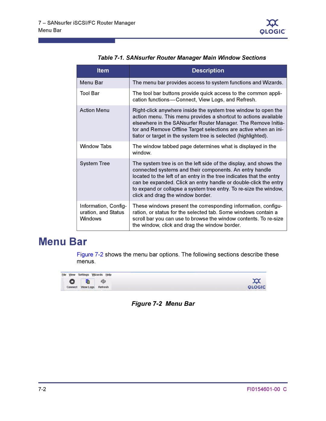 Q-Logic 6140 manual Menu Bar, SANsurfer Router Manager Main Window Sections 