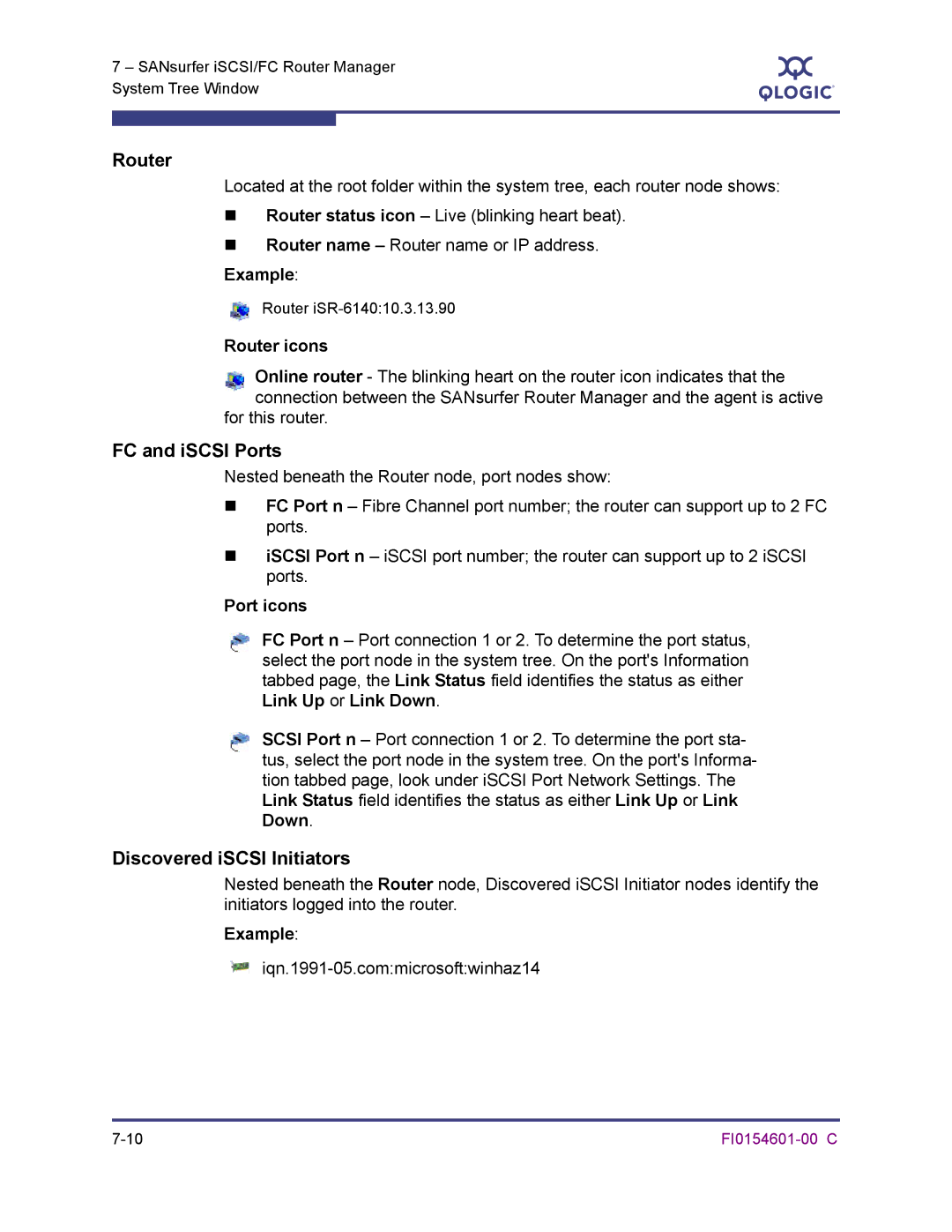 Q-Logic 6140 manual Router, FC and iSCSI Ports, Discovered iSCSI Initiators 