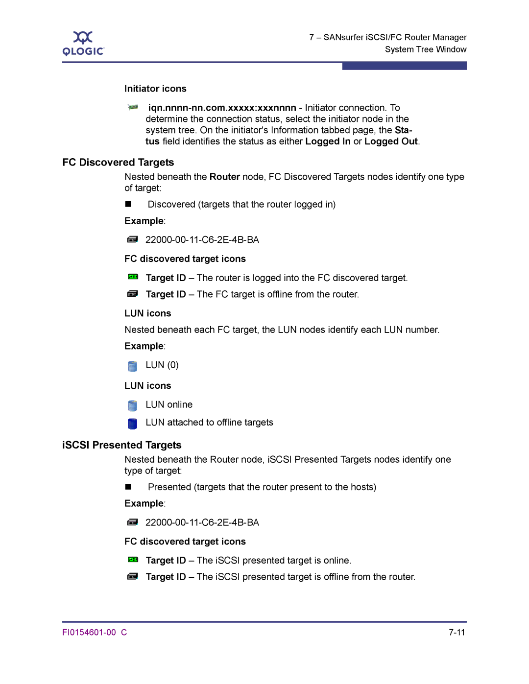 Q-Logic 6140 manual FC Discovered Targets, ISCSI Presented Targets, FC discovered target icons, LUN icons 