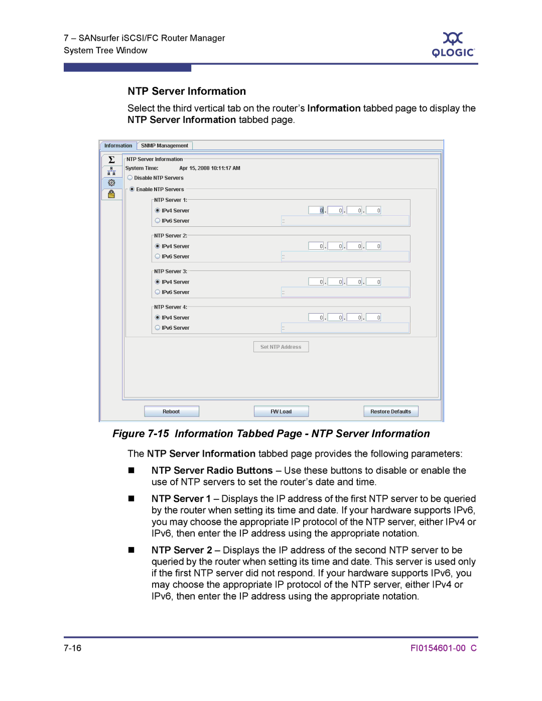 Q-Logic 6140 manual Information Tabbed Page NTP Server Information 