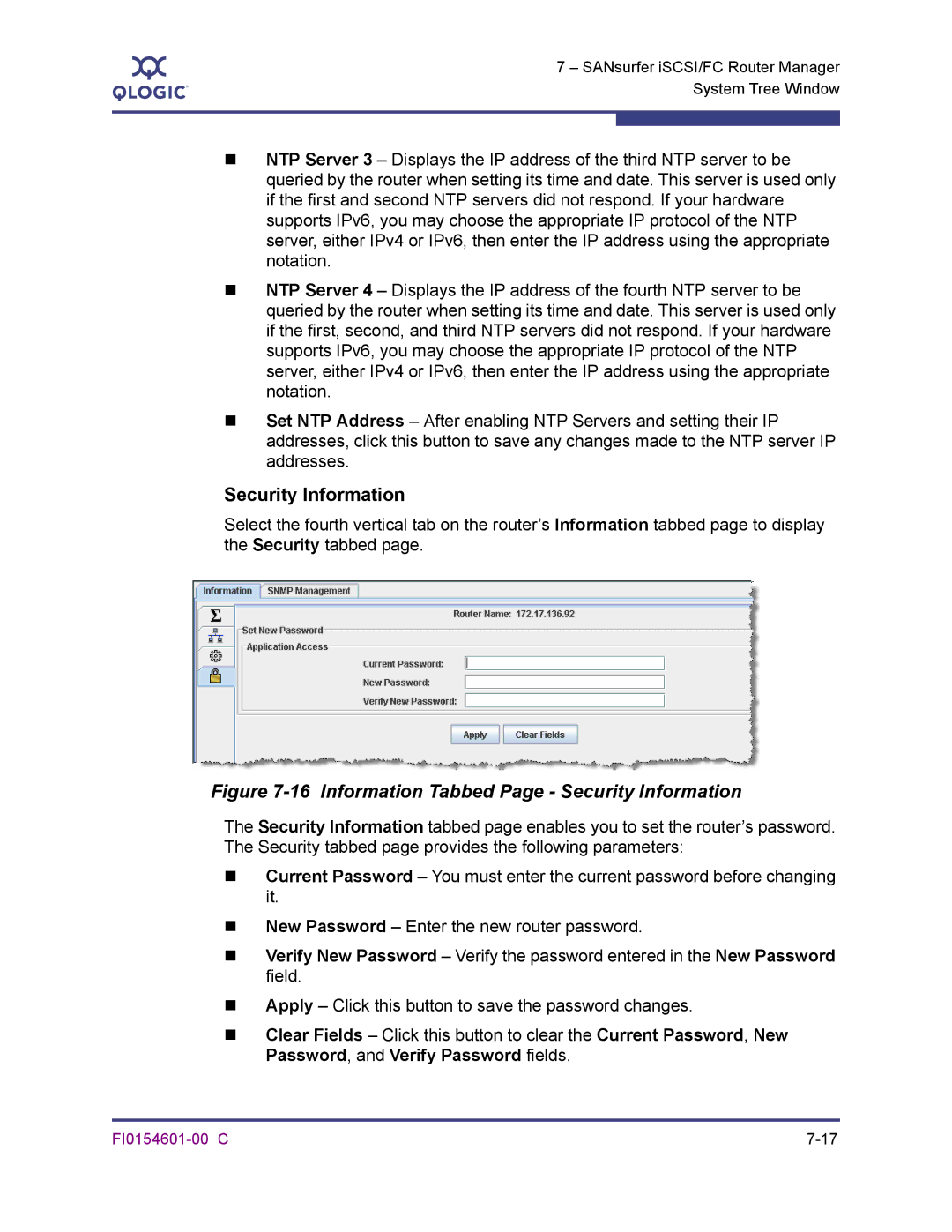 Q-Logic 6140 manual Information Tabbed Page Security Information 