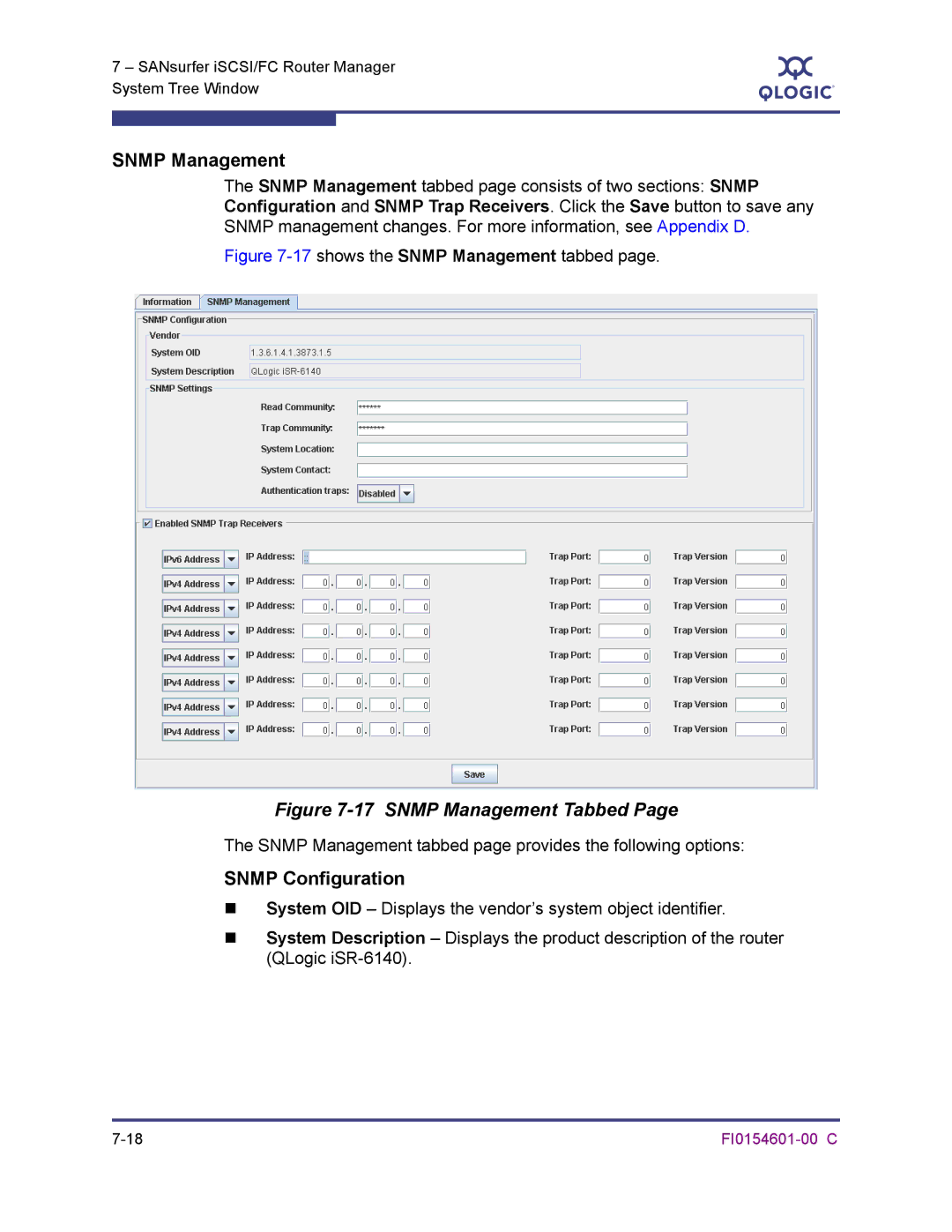 Q-Logic 6140 manual Snmp Configuration, Snmp Management tabbed page provides the following options 