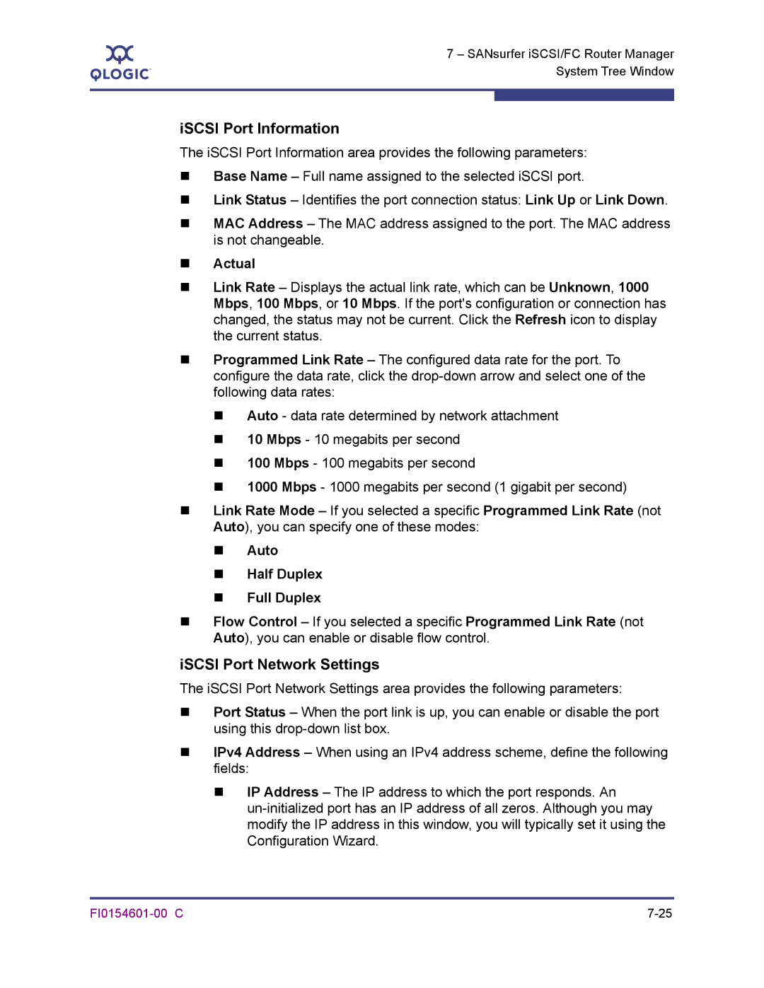 Q-Logic 6140 manual ISCSI Port Information, ISCSI Port Network Settings, „ Actual 