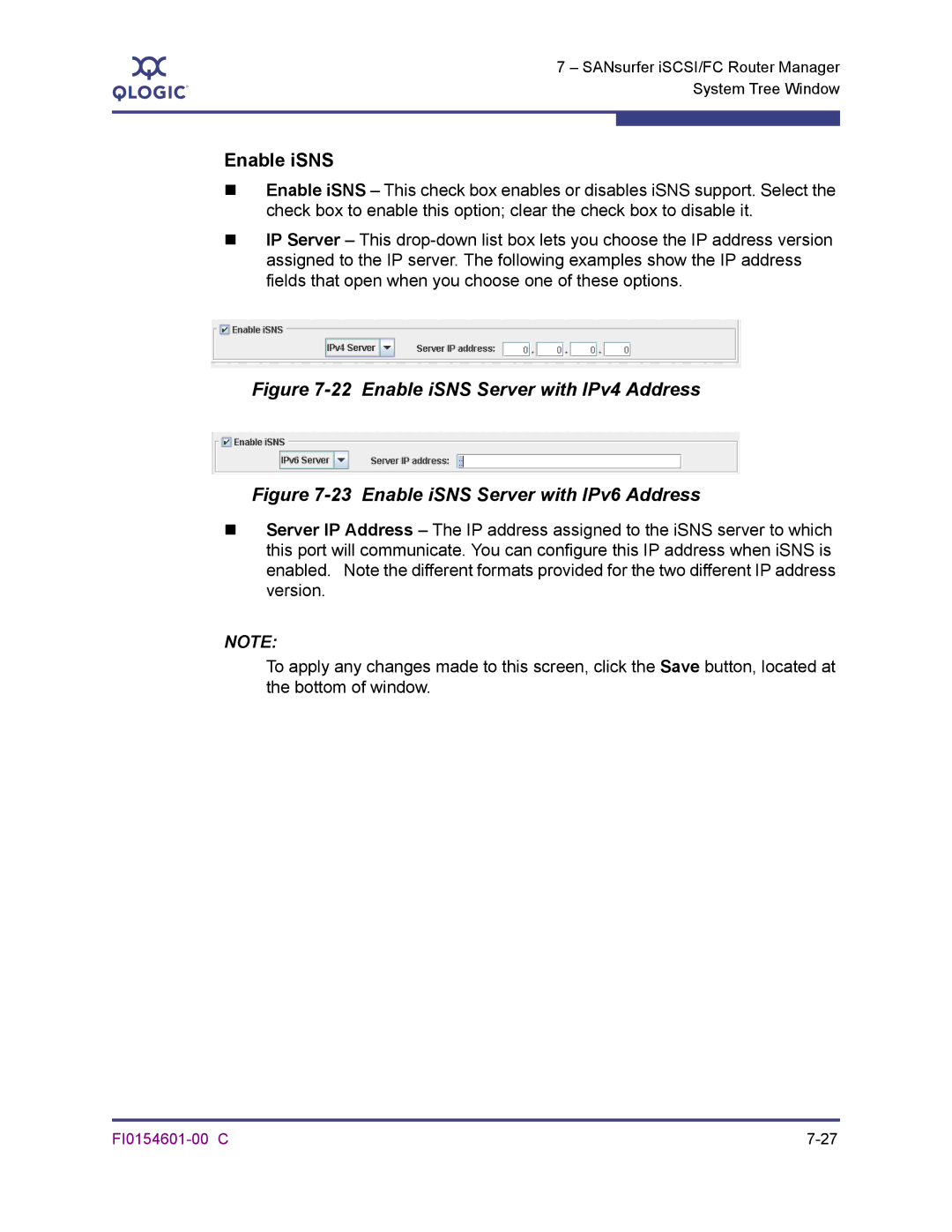 Q-Logic 6140 manual Enable iSNS Server with IPv4 Address 