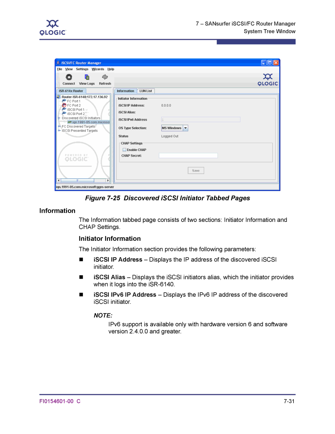 Q-Logic 6140 manual Discovered iSCSI Initiator Tabbed Pages, Initiator Information 