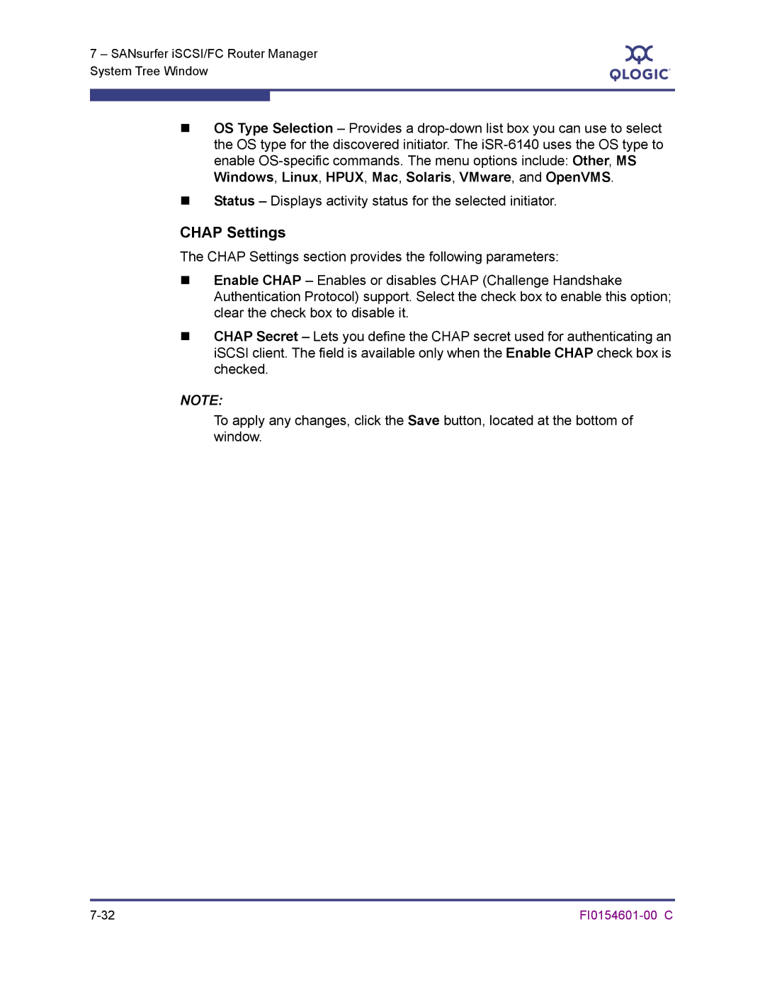 Q-Logic 6140 manual Chap Settings 