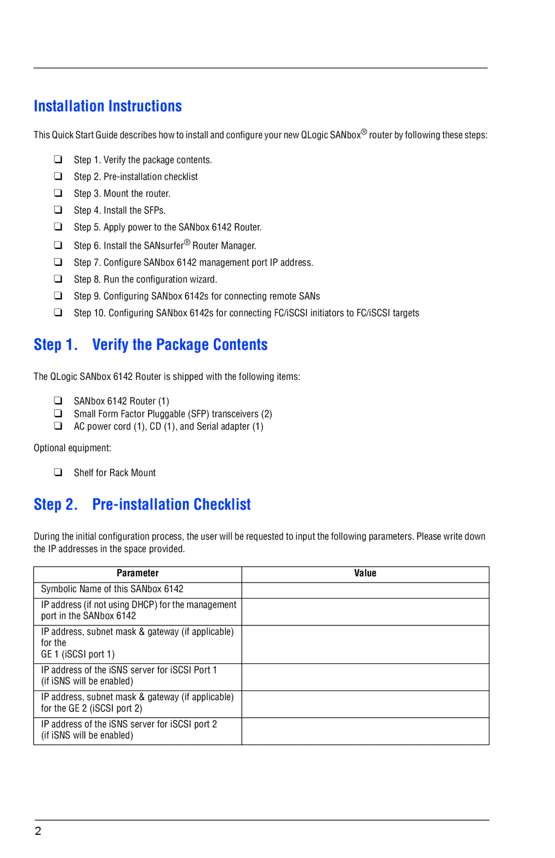 Q-Logic 6142 quick start Installation Instructions, Verify the Package Contents, Pre-installation Checklist 