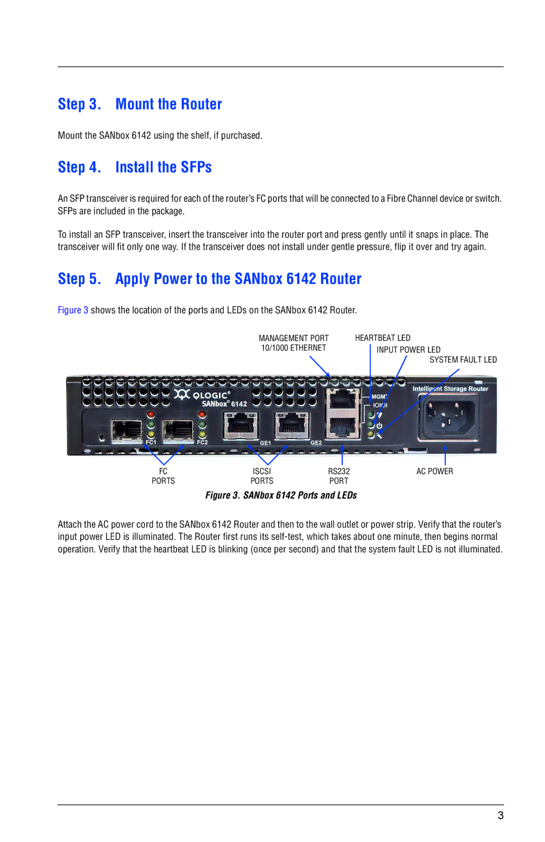 Q-Logic quick start Mount the Router, Install the SFPs, Apply Power to the SANbox 6142 Router 