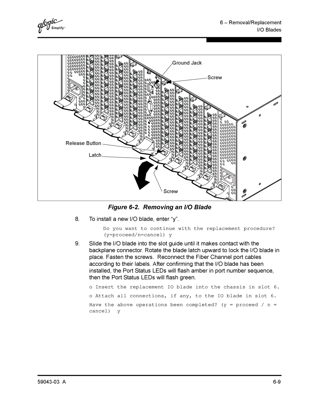 Q-Logic 64 manual Removing an I/O Blade, To install a new I/O blade, enter y 