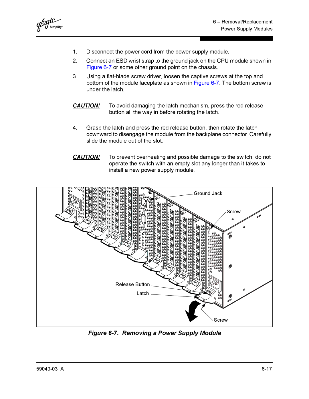 Q-Logic 64 manual Removing a Power Supply Module 