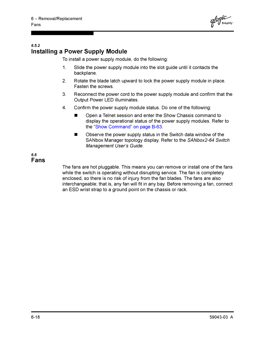 Q-Logic 64 manual Installing a Power Supply Module, Fans 