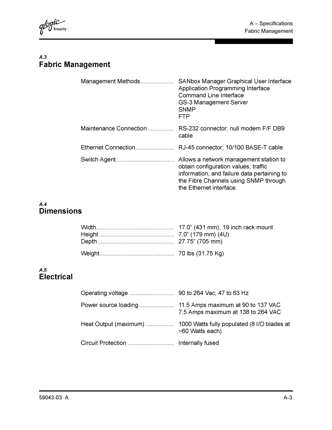 Q-Logic 64 manual Dimensions, Electrical 