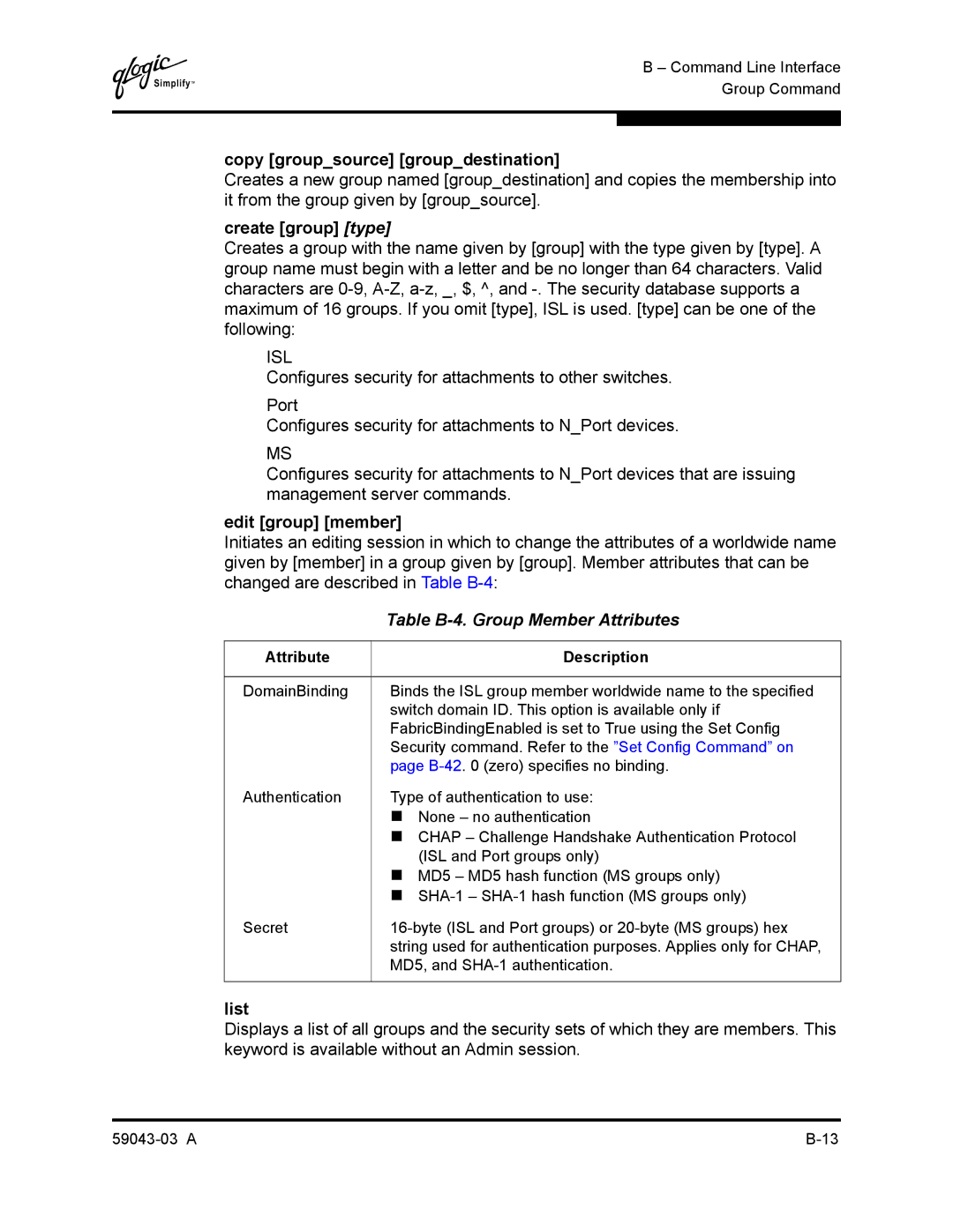 Q-Logic 64 Copy groupsource groupdestination, Create group type, Edit group member, Table B-4. Group Member Attributes 