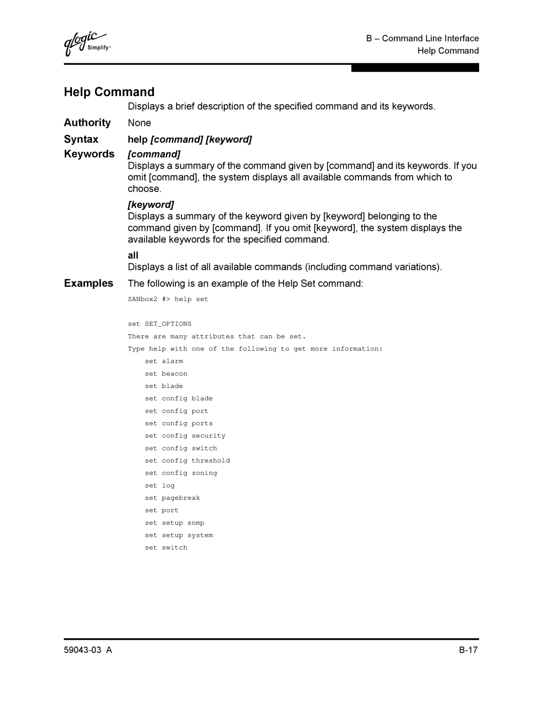 Q-Logic 64 manual Help Command, Authority None, Keywords command, Syntax help command keyword 