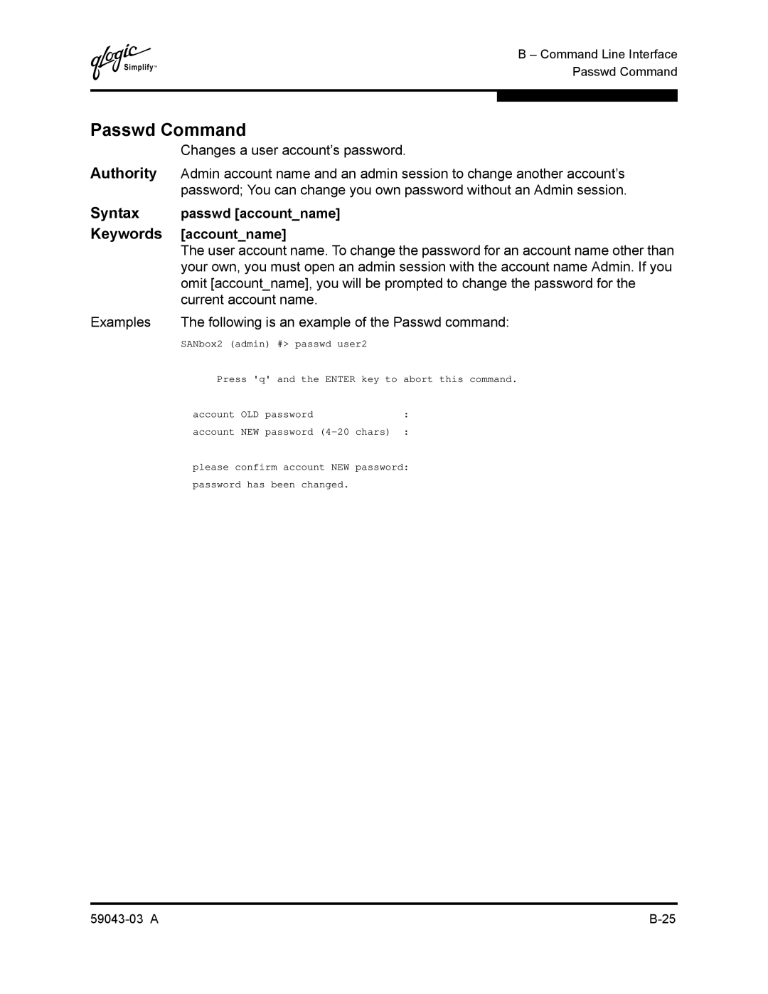 Q-Logic 64 manual Passwd Command, Changes a user account’s password, Passwd accountname, Accountname 