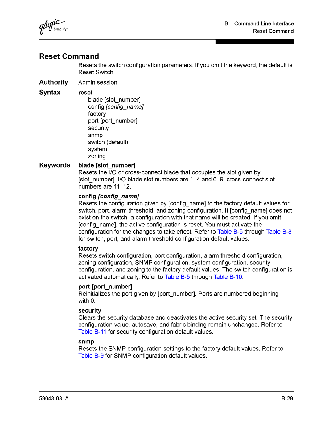 Q-Logic 64 manual Reset Command, Config configname 