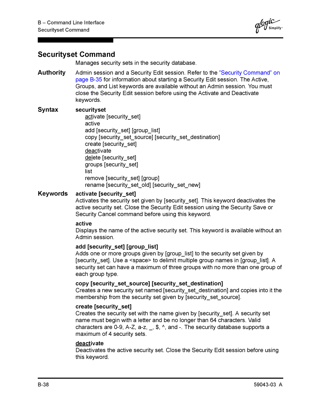 Q-Logic 64 manual Securityset Command 