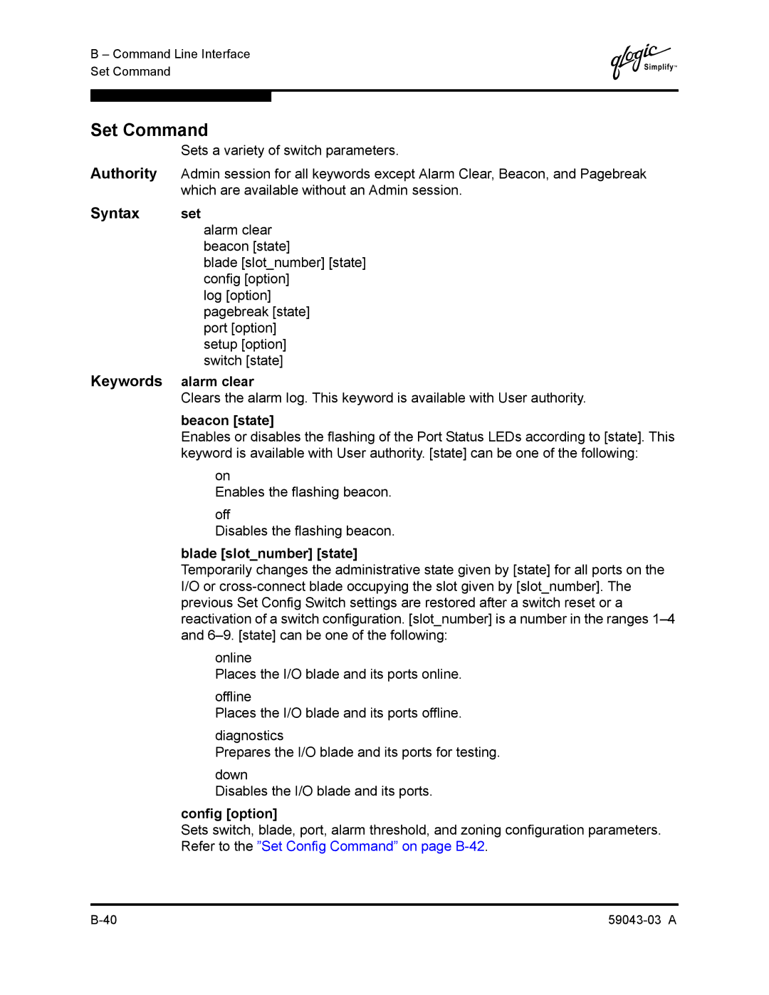 Q-Logic 64 manual Set Command, Syntax set 