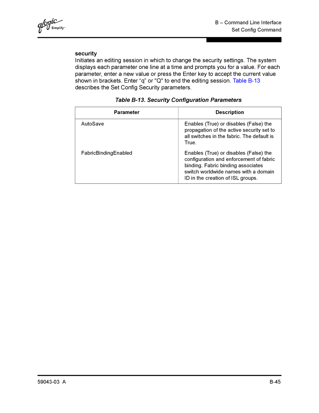 Q-Logic 64 manual Table B-13. Security Configuration Parameters 