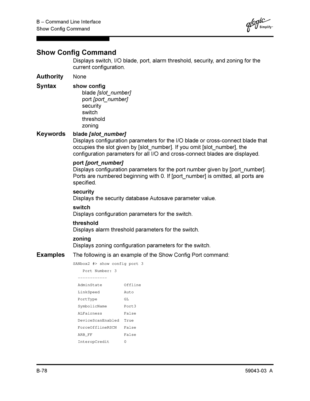 Q-Logic 64 manual Show Config Command, Show config, Blade slotnumber 