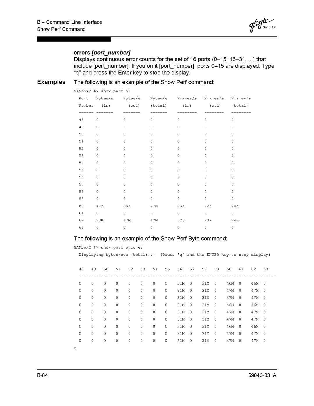 Q-Logic 64 manual Errors portnumber, Following is an example of the Show Perf Byte command 