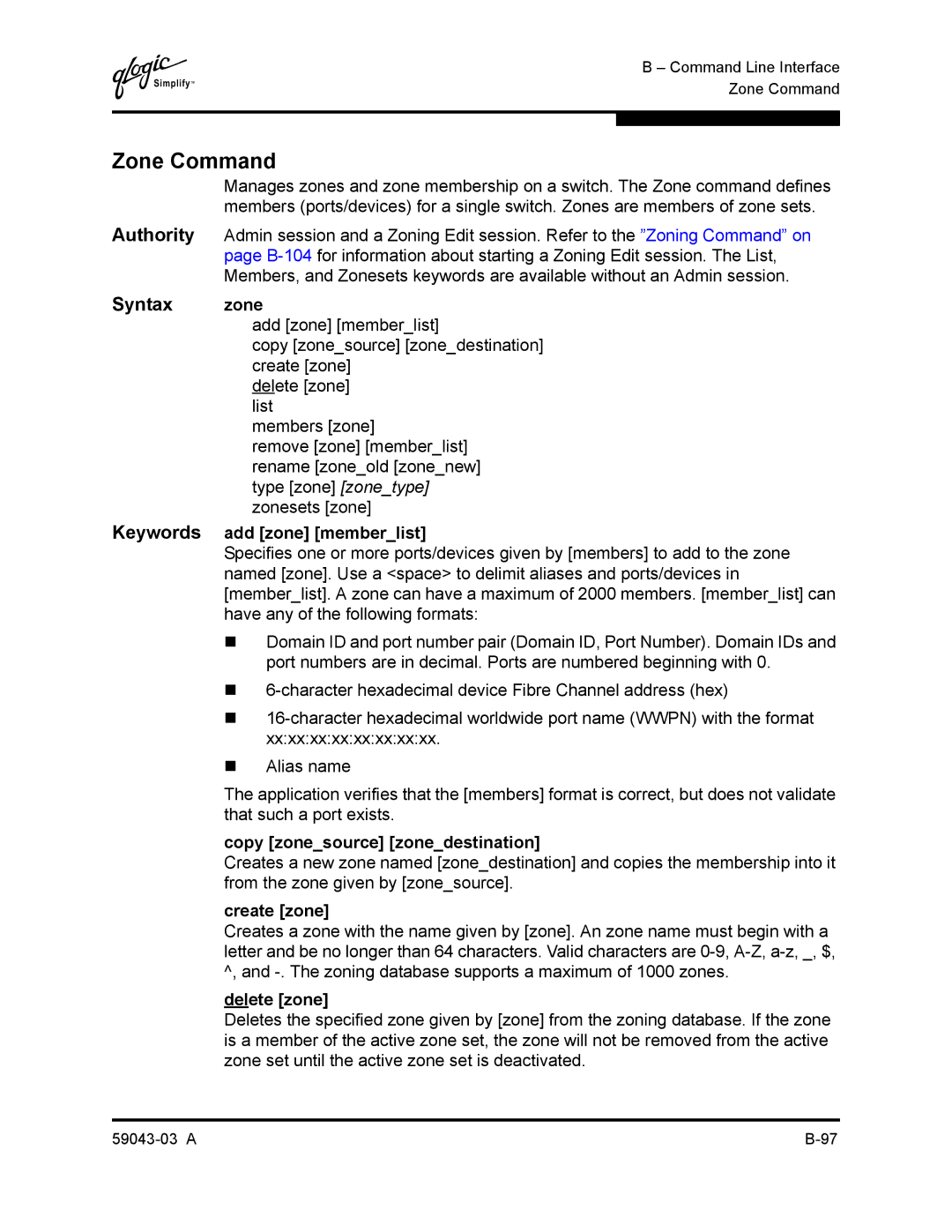 Q-Logic 64 manual Zone Command, Syntax zone 