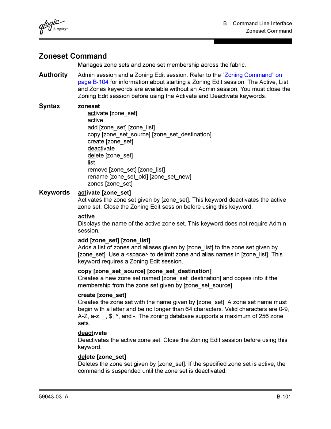 Q-Logic 64 manual Zoneset Command, Syntax zoneset 