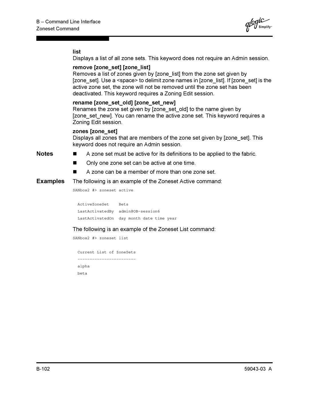 Q-Logic 64 manual Remove zoneset zonelist, Rename zonesetold zonesetnew, Zones zoneset 