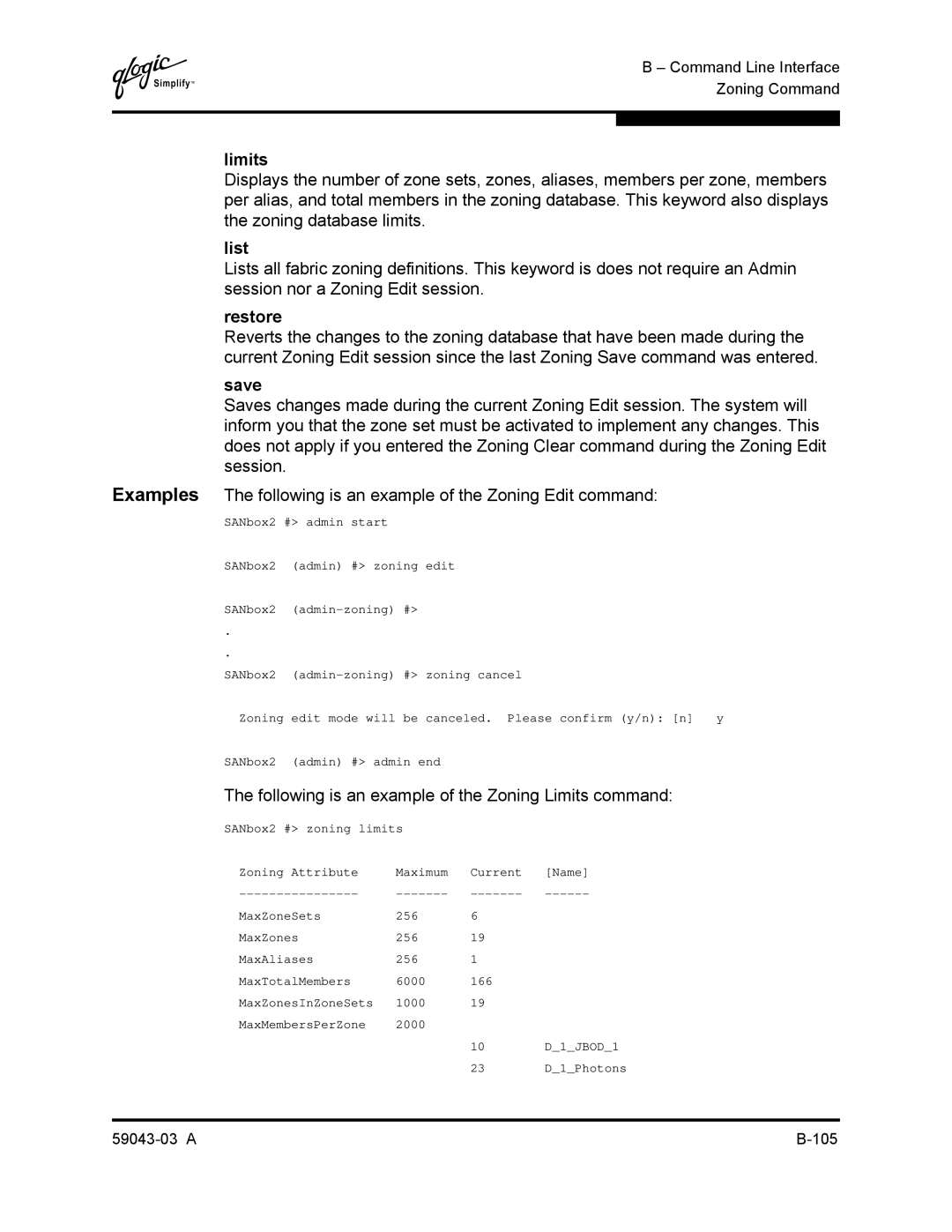 Q-Logic 64 manual Following is an example of the Zoning Limits command 