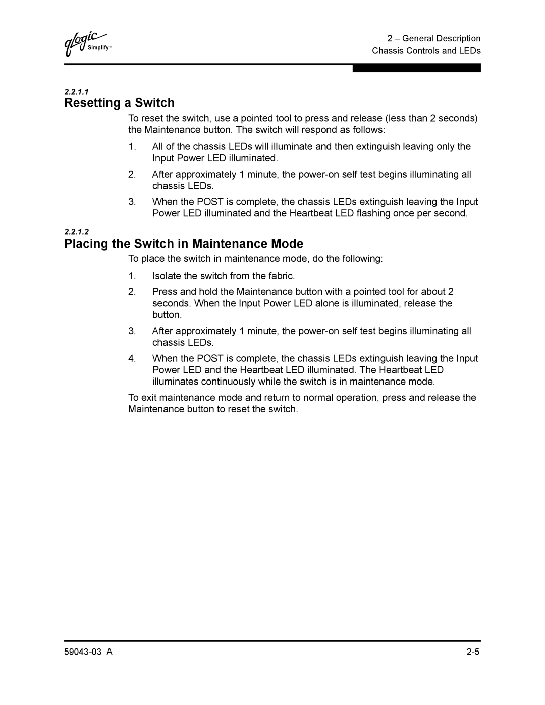 Q-Logic 64 manual Resetting a Switch, Placing the Switch in Maintenance Mode 