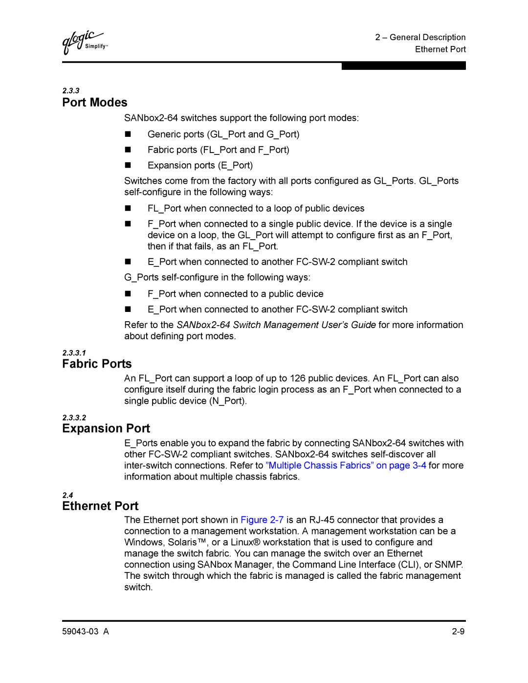 Q-Logic 64 manual Port Modes, Fabric Ports, Expansion Port, Ethernet Port 