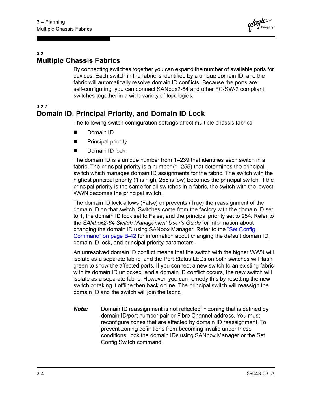 Q-Logic 64 manual Multiple Chassis Fabrics, Domain ID, Principal Priority, and Domain ID Lock 