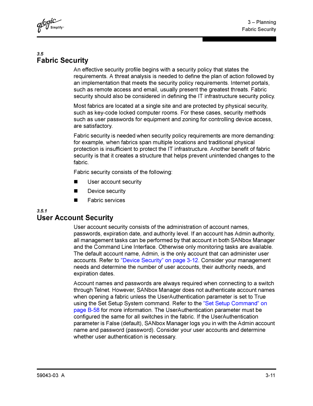 Q-Logic 64 manual Fabric Security, User Account Security 