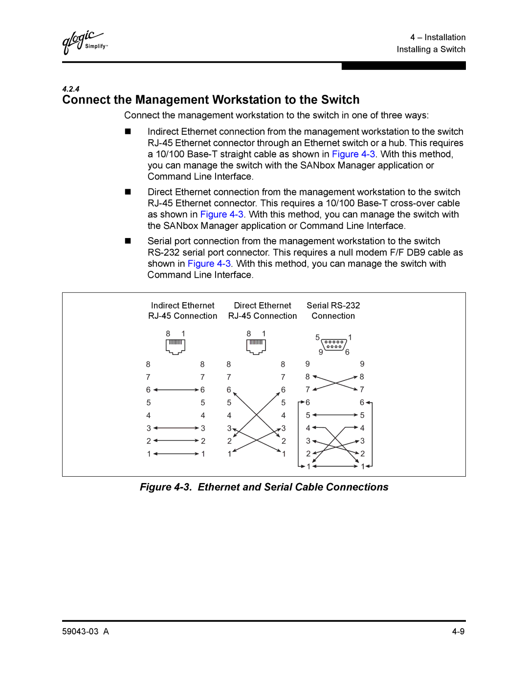 Q-Logic 64 manual Connect the Management Workstation to the Switch, Ethernet and Serial Cable Connections 