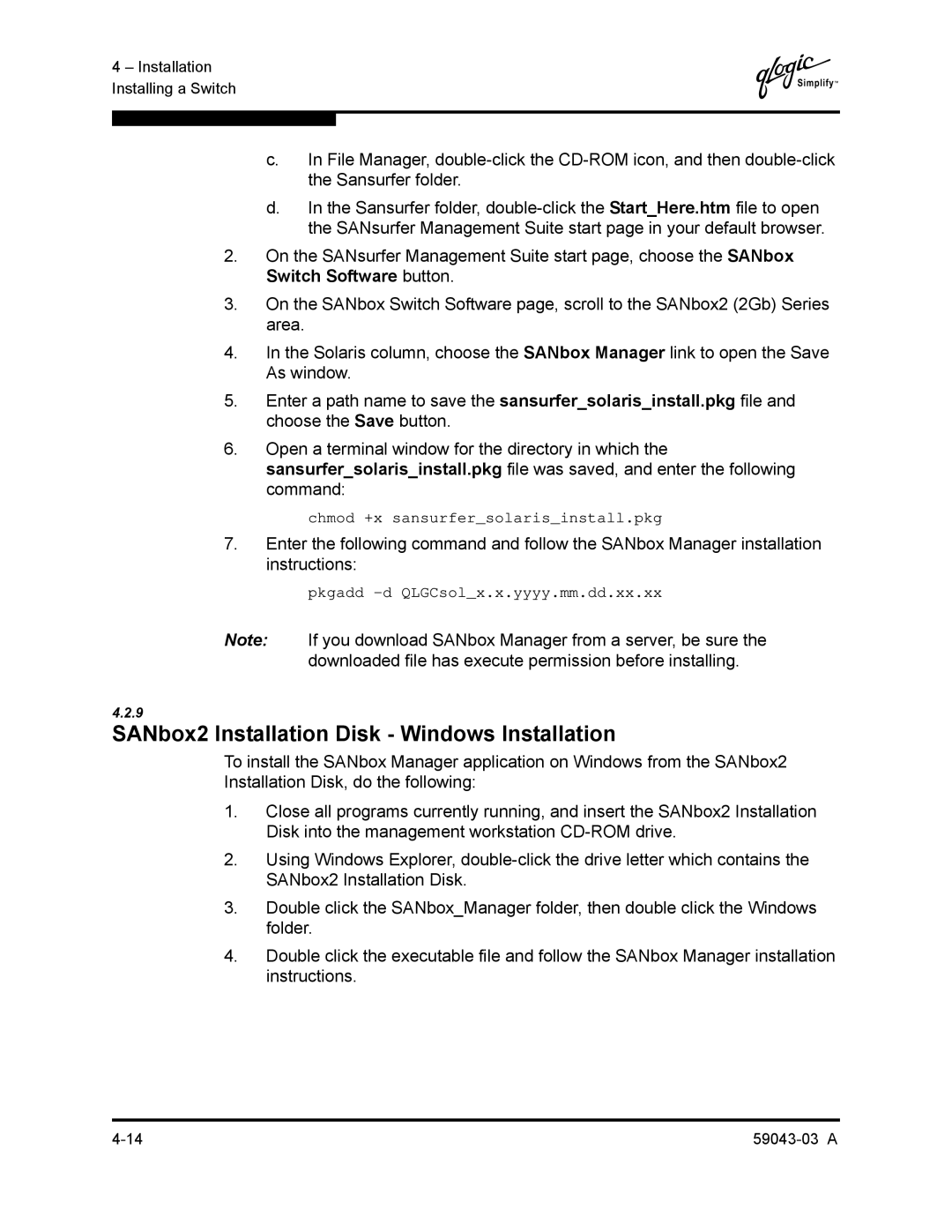 Q-Logic 64 manual SANbox2 Installation Disk Windows Installation 