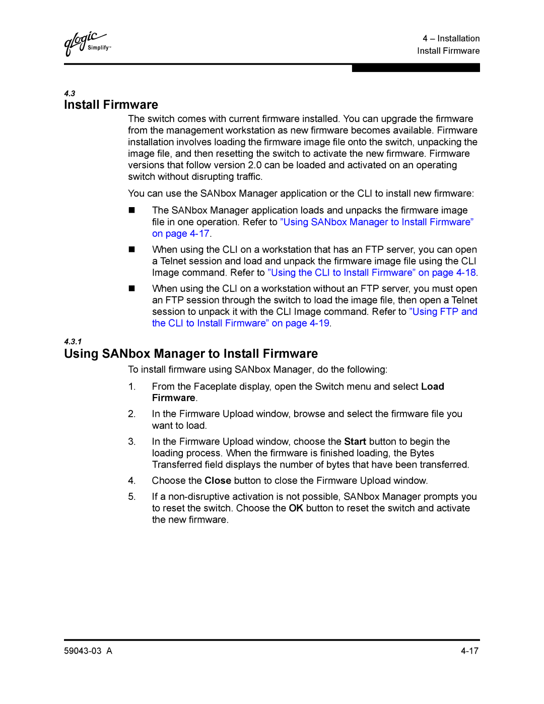 Q-Logic 64 manual Using SANbox Manager to Install Firmware 