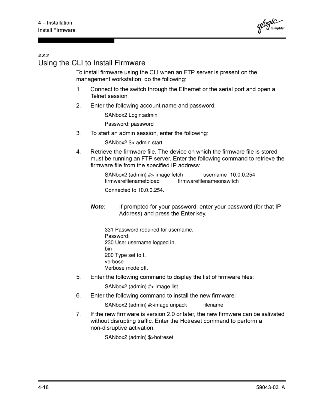 Q-Logic 64 manual Using the CLI to Install Firmware, To start an admin session, enter the following 