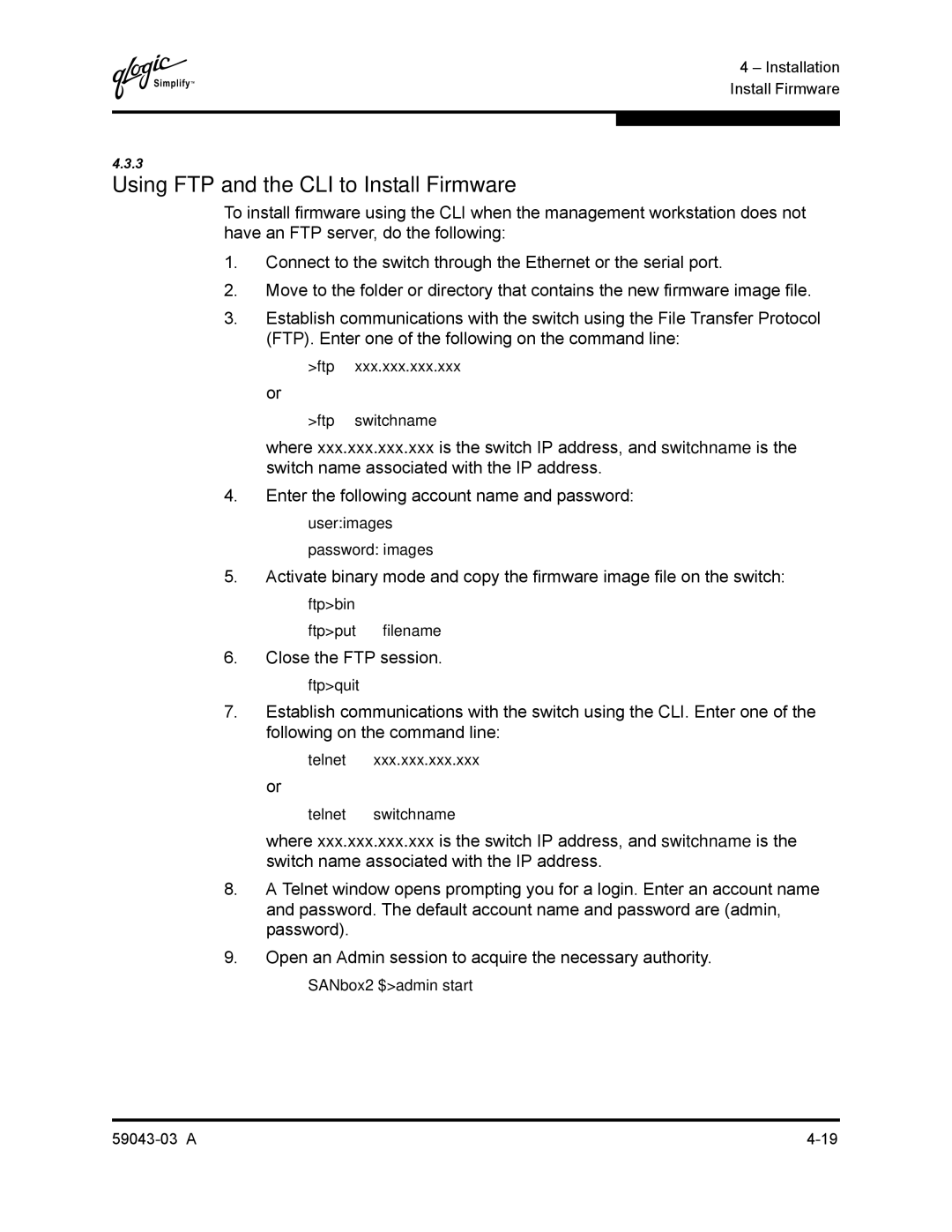 Q-Logic 64 manual Using FTP and the CLI to Install Firmware, Close the FTP session 