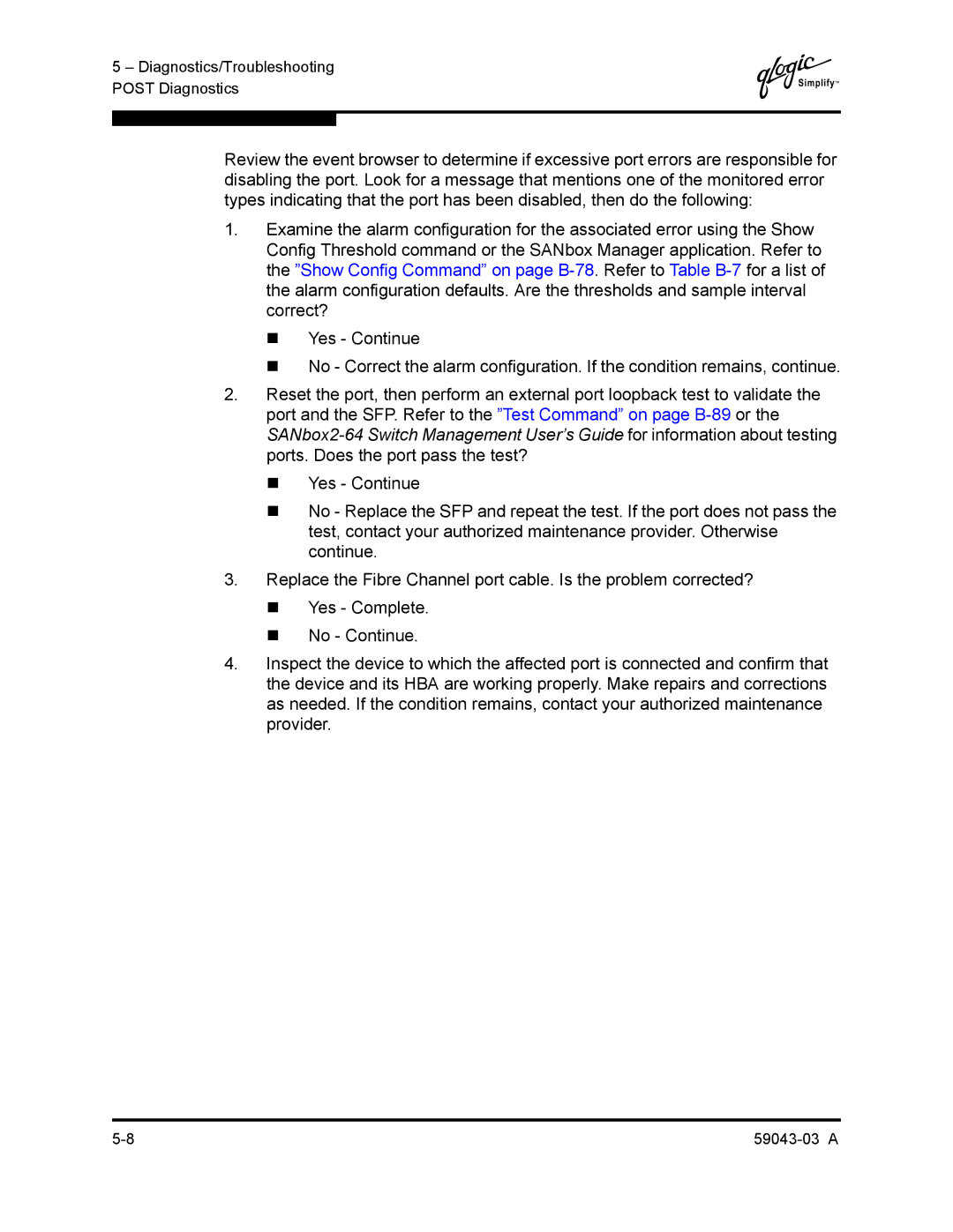 Q-Logic 64 manual Diagnostics/Troubleshooting Post Diagnostics 