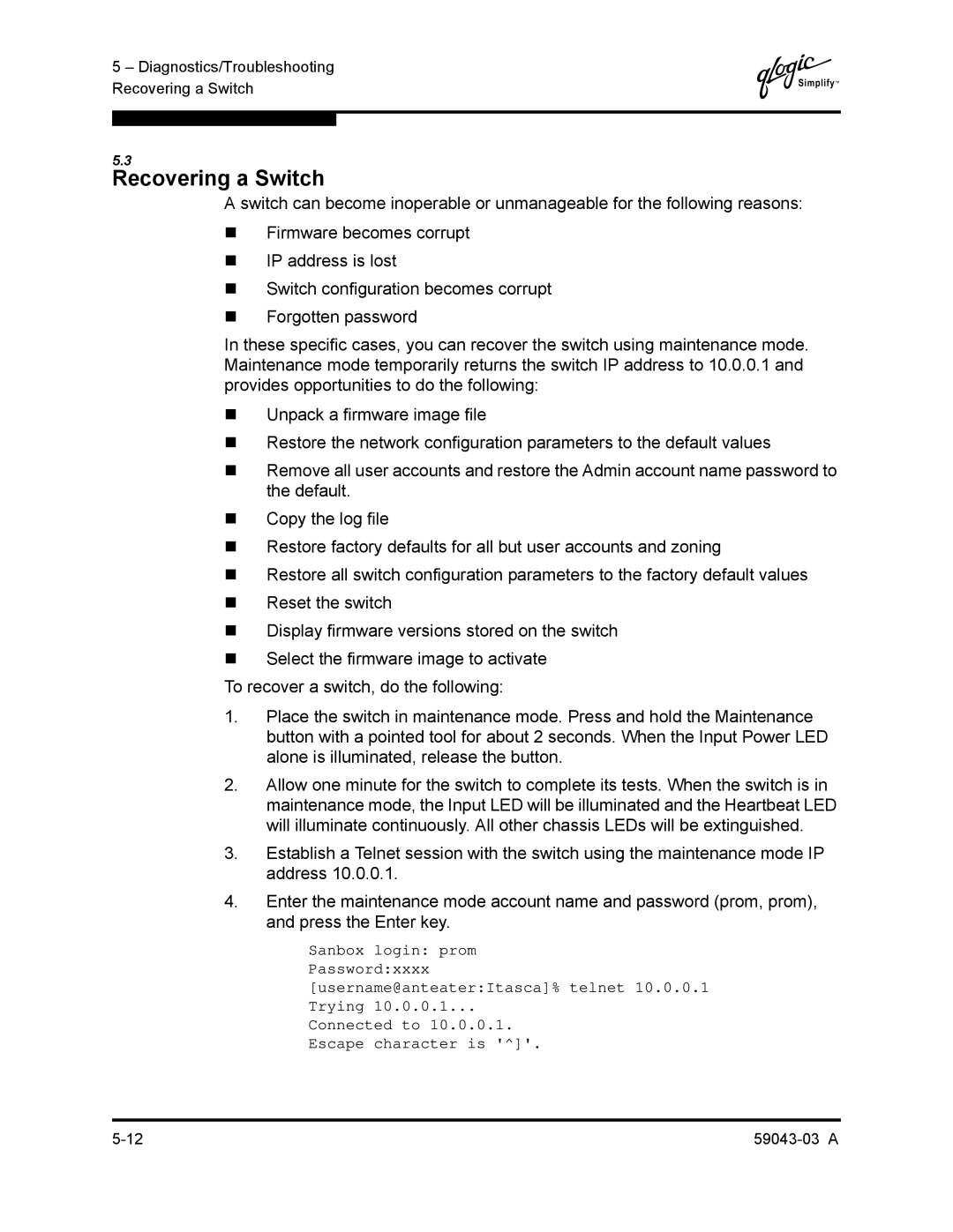 Q-Logic 64 manual Recovering a Switch 