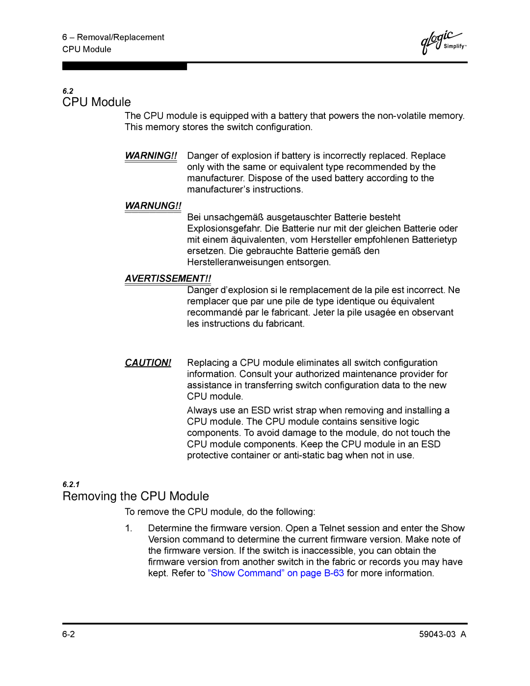 Q-Logic 64 manual Removing the CPU Module 