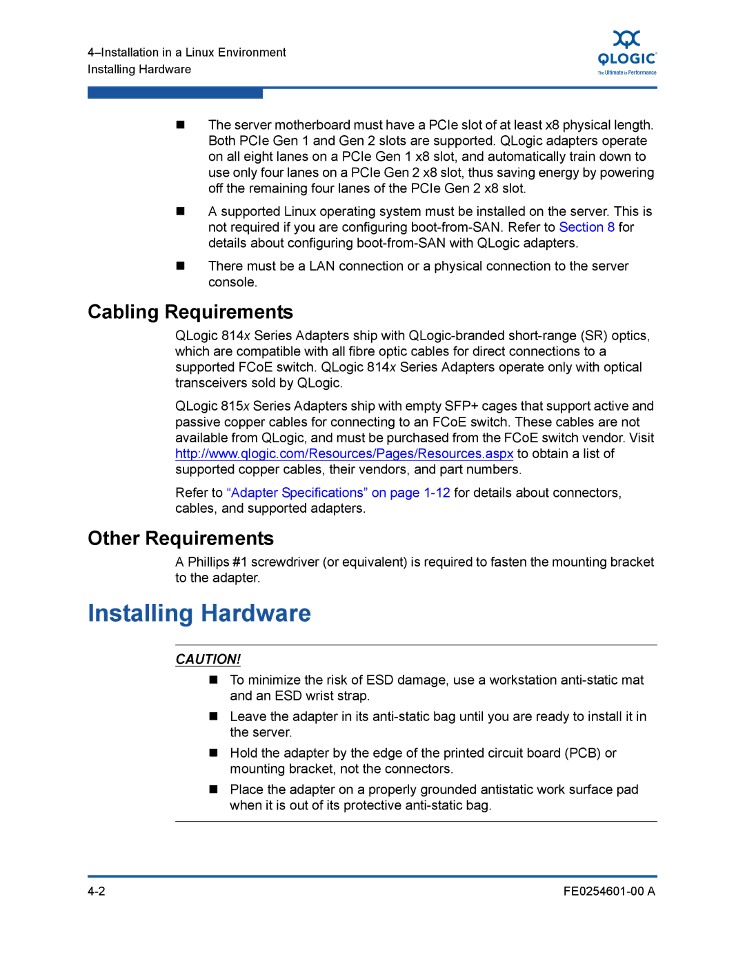 Q-Logic 8100 SERIES manual Installation in a Linux Environment Installing Hardware 